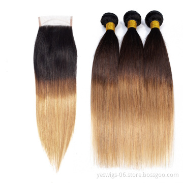 Peruvian Hair 1b/4/27 Ombre Bundles Straight Hair Bundles with Closure Remy Human Hair Weave Bundles With Closure Natural Color